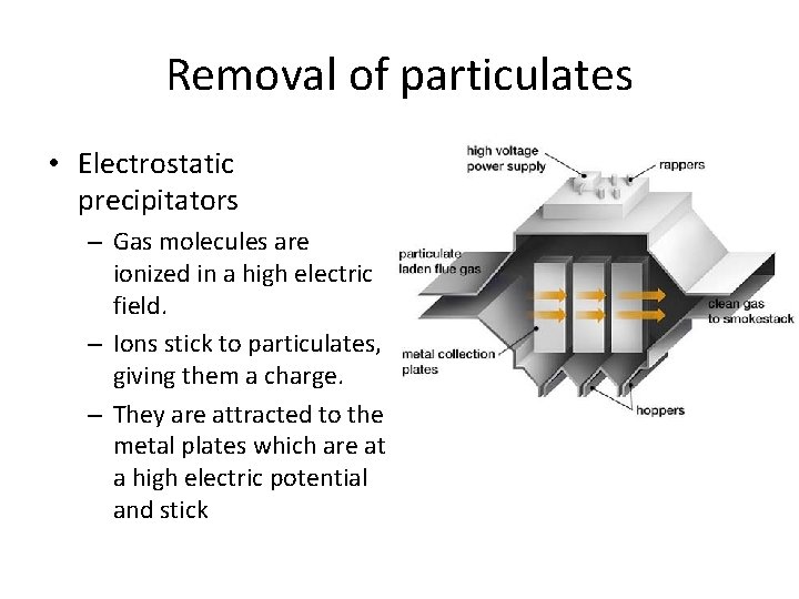Removal of particulates • Electrostatic precipitators – Gas molecules are ionized in a high