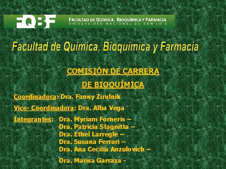 COMISIÓN DE CARRERA DE BIOQUÍMICA Coordinadora: Dra. Fanny Zirulnik Vice- Coordinadora: Dra. Alba Vega