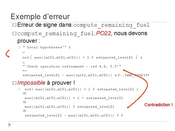 Exemple d’erreur � Erreur de signe dans compute_remaining_fuel � compute_remaining_fuel. PO 22, nous devons