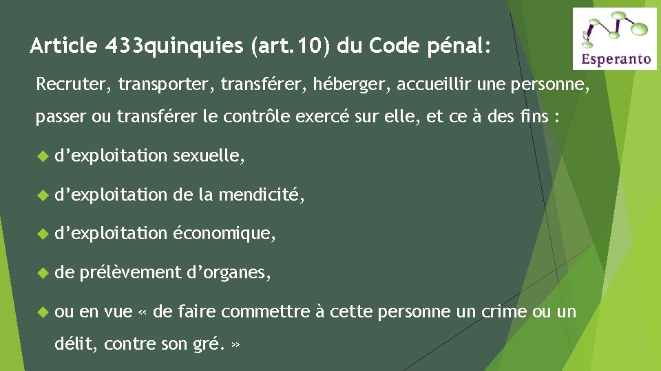 Article 433 quinquies (art. 10) du Code pénal: Recruter, transporter, transférer, héberger, accueillir une