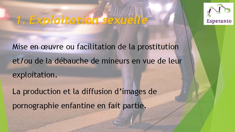 1. Exploitation sexuelle Mise en œuvre ou facilitation de la prostitution et/ou de la