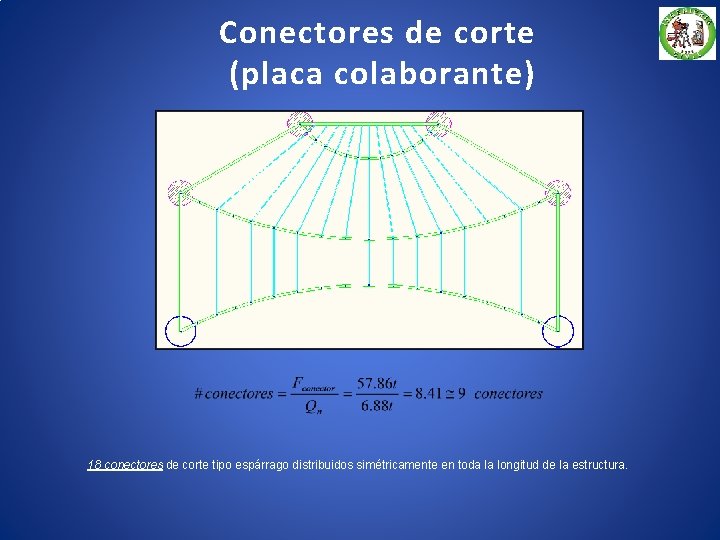 Conectores de corte (placa colaborante) 18 conectores de corte tipo espárrago distribuidos simétricamente en