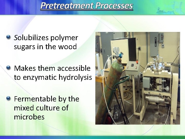 Pretreatment Processes Solubilizes polymer sugars in the wood Makes them accessible to enzymatic hydrolysis Pretreatment Processes Solubilizes polymer sugars in the wood Makes them accessible to enzymatic hydrolysis