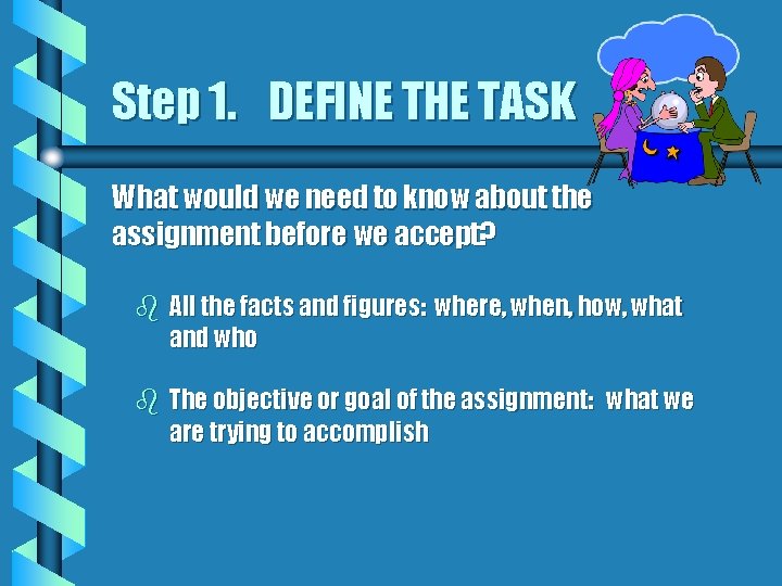 Step 1. DEFINE THE TASK What would we need to know about the assignment