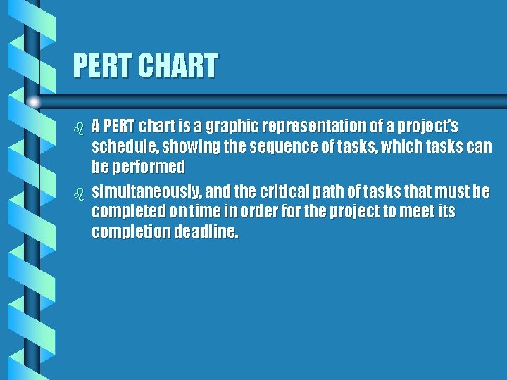 PERT CHART b b A PERT chart is a graphic representation of a project’s