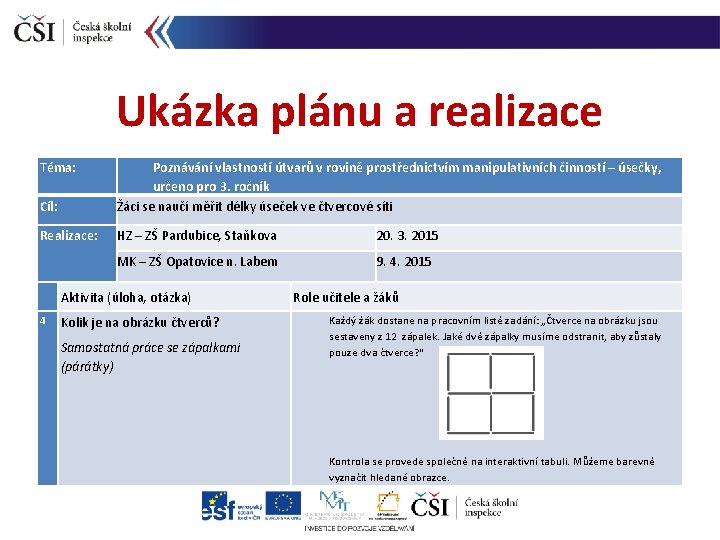 Ukázka plánu a realizace Cíl: Poznávání vlastností útvarů v rovině prostřednictvím manipulativních činností –