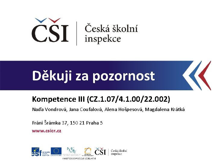 Děkuji za pozornost Kompetence III (CZ. 1. 07/4. 1. 00/22. 002) Naďa Vondrová, Jana