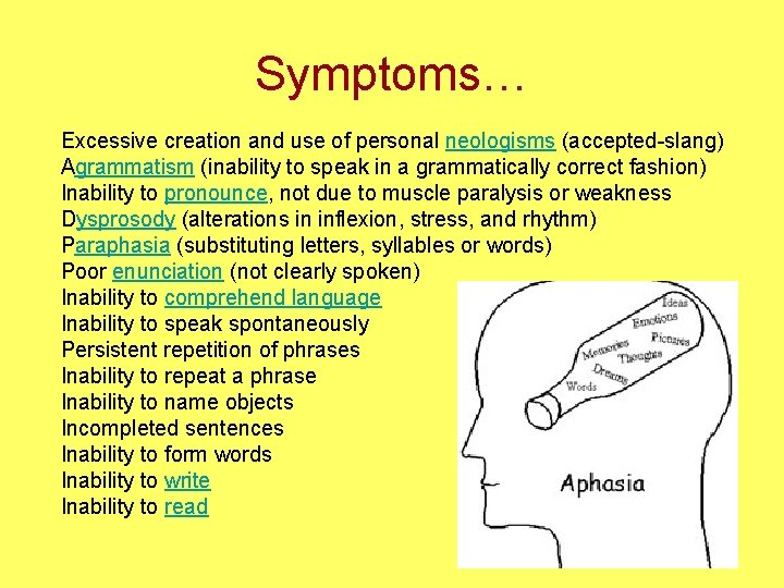 Symptoms… Excessive creation and use of personal neologisms (accepted-slang) Agrammatism (inability to speak in