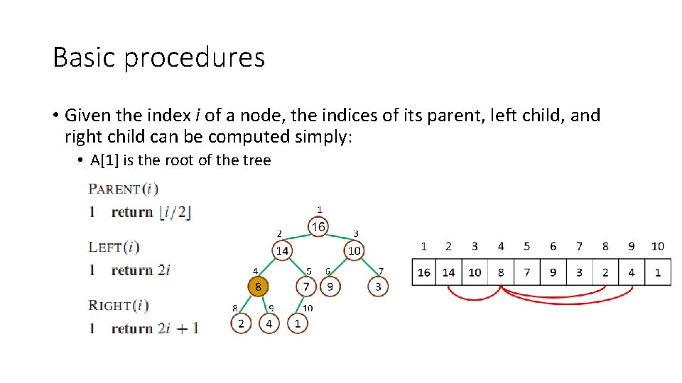 Basic procedures • Given the index i of a node, the indices of its