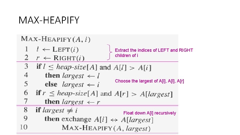 MAX-HEAPIFY Extract the indices of LEFT and RIGHT children of i Choose the largest