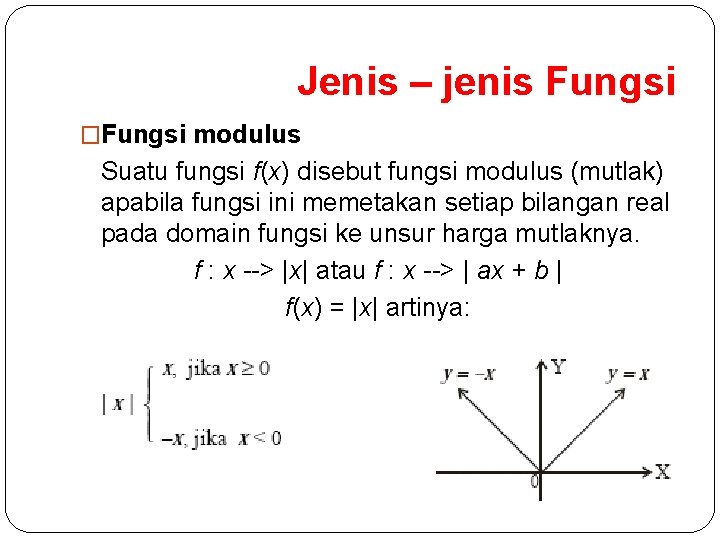 Jenis – jenis Fungsi �Fungsi modulus Suatu fungsi f(x) disebut fungsi modulus (mutlak) apabila