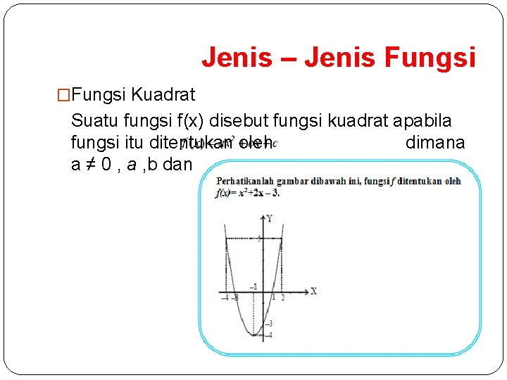 Jenis – Jenis Fungsi �Fungsi Kuadrat Suatu fungsi f(x) disebut fungsi kuadrat apabila fungsi