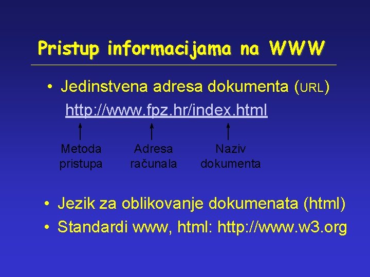 Pristup informacijama na WWW • Jedinstvena adresa dokumenta (URL) http: //www. fpz. hr/index. html