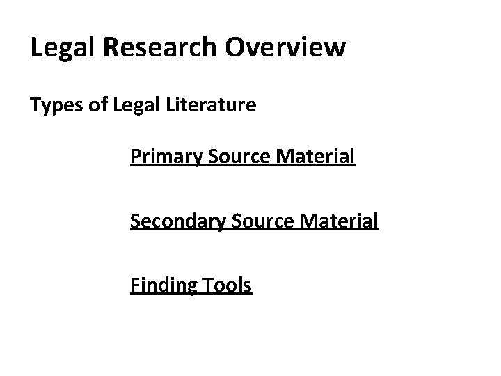 Legal Research Overview Types of Legal Literature Primary Source Material Secondary Source Material Finding