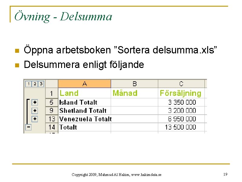 Övning - Delsumma n n Öppna arbetsboken ”Sortera delsumma. xls” Delsummera enligt följande Copyright