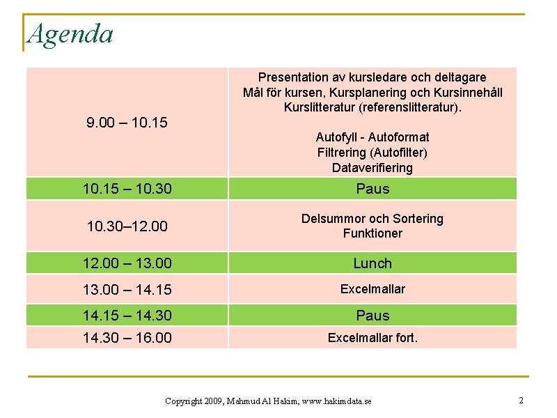 Agenda 9. 00 – 10. 15 Presentation av kursledare och deltagare Mål för kursen,