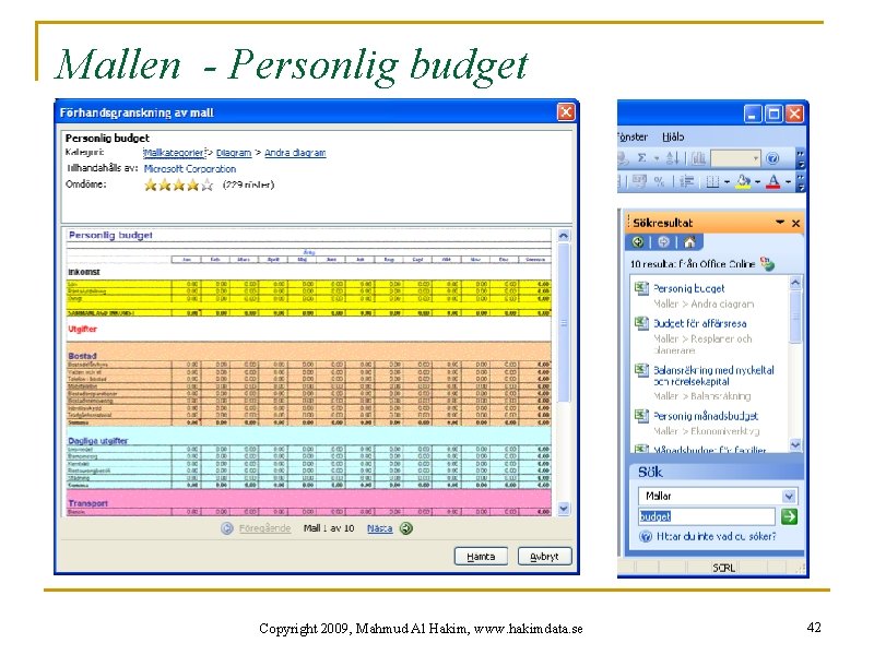 Mallen - Personlig budget Copyright 2009, Mahmud Al Hakim, www. hakimdata. se 42 