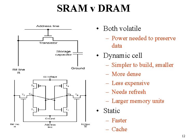 SRAM v DRAM • Both volatile – Power needed to preserve data • Dynamic