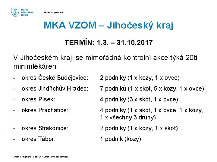 Název organizace MKA VZOM – Jihočeský kraj TERMÍN: 1. 3. – 31. 10. 2017