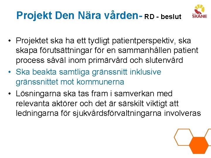 Projekt Den Nära vården- RD - beslut • Projektet ska ha ett tydligt patientperspektiv,