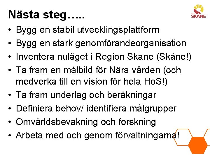 Nästa steg…. . • • Bygg en stabil utvecklingsplattform Bygg en stark genomförandeorganisation Inventera