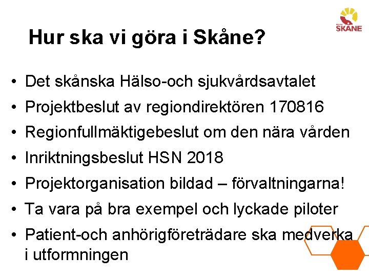 Hur ska vi göra i Skåne? • Det skånska Hälso-och sjukvårdsavtalet • Projektbeslut av