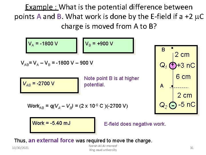 Example : What is the potential difference between points A and B. What work