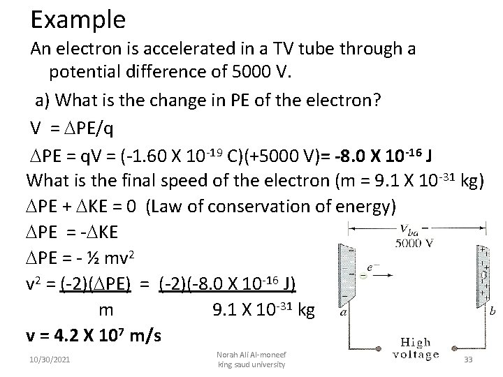 Example An electron is accelerated in a TV tube through a potential difference of