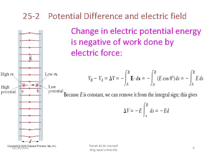 25 -2 Potential Difference and electric field Change in electric potential energy is negative