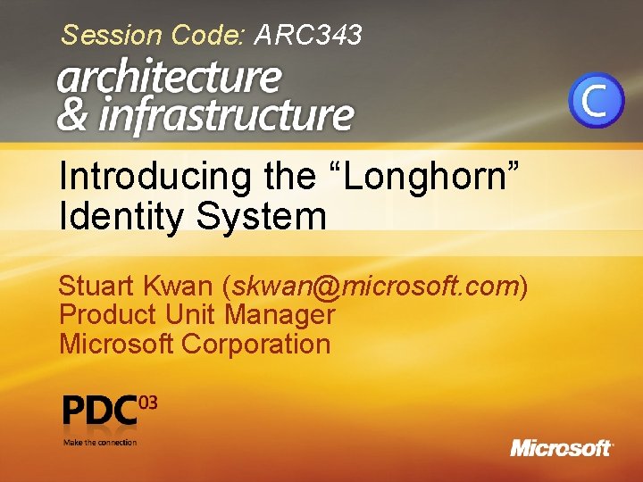 Session Code: ARC 343 Introducing the “Longhorn” Identity System Stuart Kwan (skwan@microsoft. com) Product