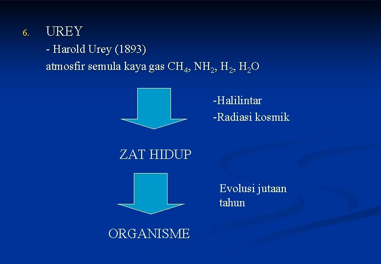 6. UREY - Harold Urey (1893) atmosfir semula kaya gas CH 4, NH 2,