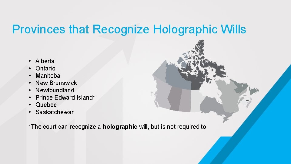 Provinces that Recognize Holographic Wills • • Alberta Ontario Manitoba New Brunswick Newfoundland Prince