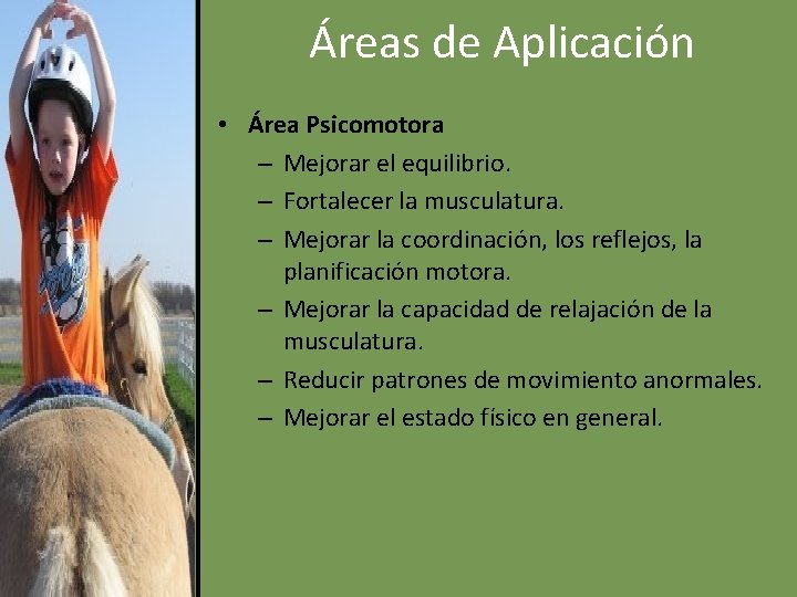 Áreas de Aplicación • Área Psicomotora – Mejorar el equilibrio. – Fortalecer la musculatura.