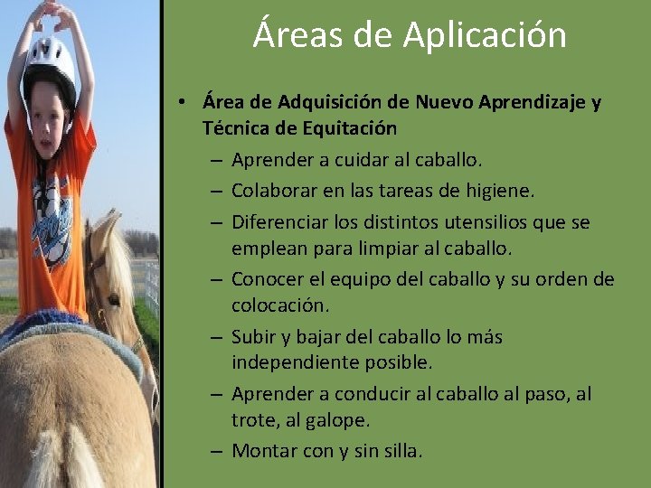 Áreas de Aplicación • Área de Adquisición de Nuevo Aprendizaje y Técnica de Equitación