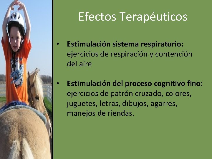 Efectos Terapéuticos • Estimulación sistema respiratorio: ejercicios de respiración y contención del aire •