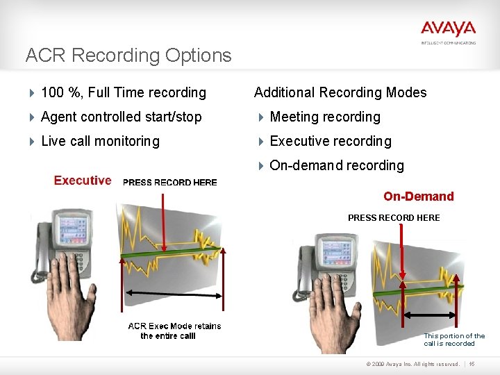 ACR Recording Options 100 %, Full Time recording Additional Recording Modes Agent controlled start/stop