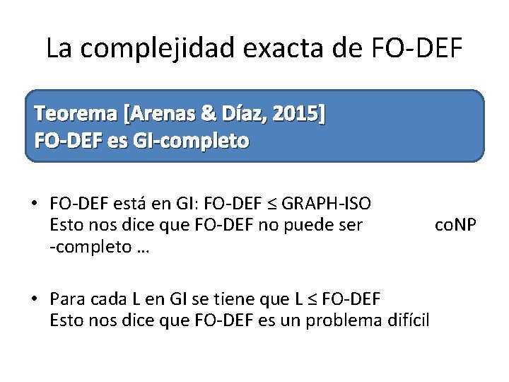 La complejidad exacta de FO-DEF Teorema [Arenas & Díaz, 2015] FO-DEF es GI-completo •