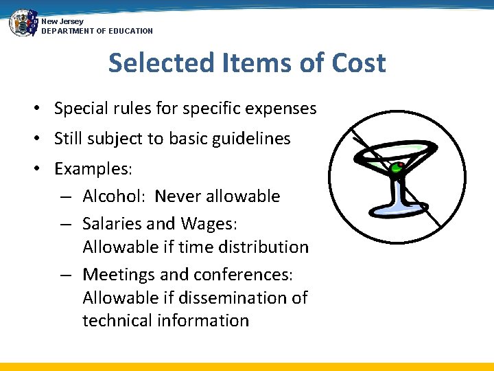 New Jersey DEPARTMENT OF EDUCATION Selected Items of Cost • Special rules for specific