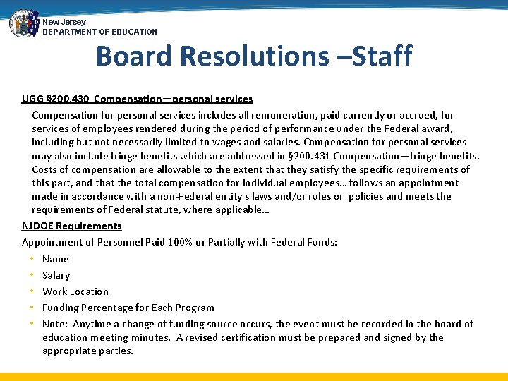 New Jersey DEPARTMENT OF EDUCATION Board Resolutions –Staff UGG § 200. 430 Compensation—personal services