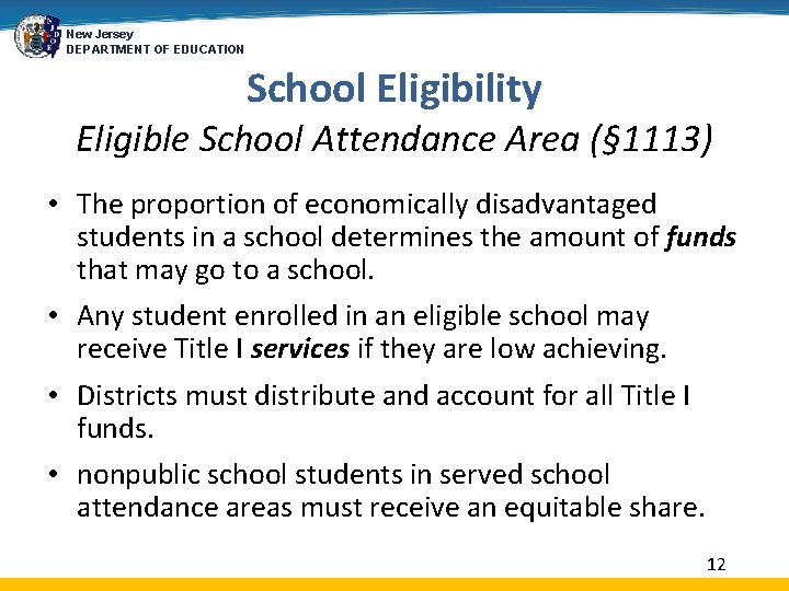 New Jersey DEPARTMENT OF EDUCATION School Eligibility Eligible School Attendance Area (§ 1113) •