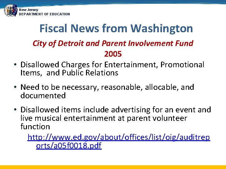New Jersey DEPARTMENT OF EDUCATION Fiscal News from Washington City of Detroit and Parent