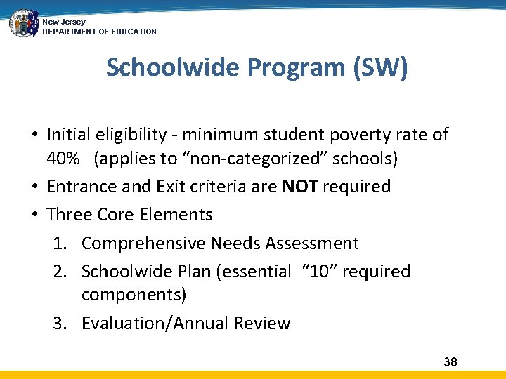 New Jersey DEPARTMENT OF EDUCATION Schoolwide Program (SW) • Initial eligibility - minimum student
