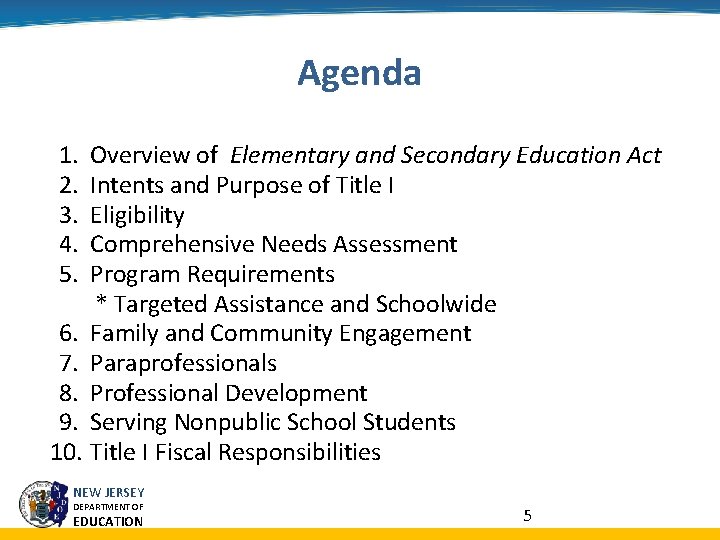Agenda 1. 2. 3. 4. 5. Overview of Elementary and Secondary Education Act Intents