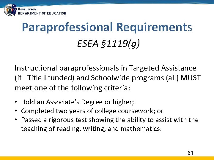 New Jersey DEPARTMENT OF EDUCATION Paraprofessional Requirements ESEA § 1119(g) Instructional paraprofessionals in Targeted