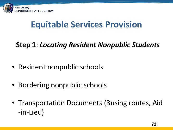 New Jersey DEPARTMENT OF EDUCATION Equitable Services Provision Step 1: Locating Resident Nonpublic Students