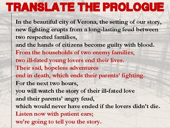 translate the prologue In the beautiful city of Verona, the setting of our story,