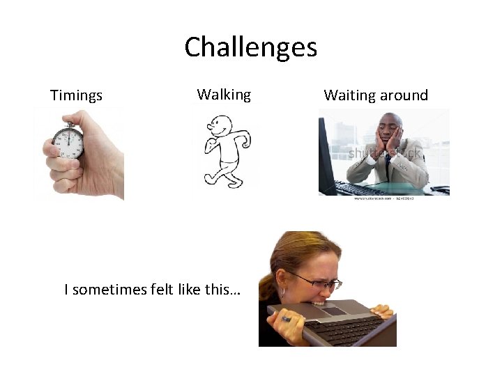 Challenges Timings Walking I sometimes felt like this… Waiting around 
