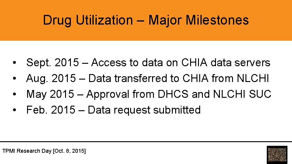 Drug Utilization – Major Milestones • • Sept. 2015 – Access to data on