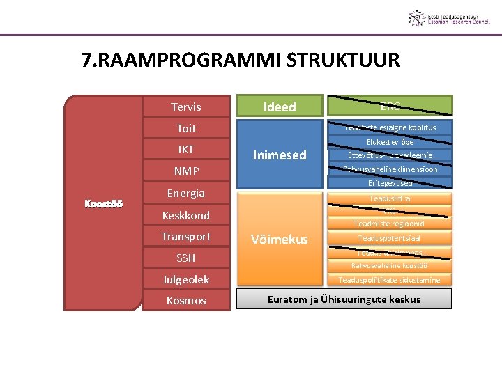 7. RAAMPROGRAMMI STRUKTUUR Tervis Ideed Toit IKT NMP Koostöö Teadlaste esialgne koolitus Inimesed Julgeolek