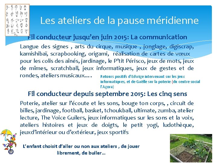 Les ateliers de la pause méridienne Fil conducteur jusqu’en juin 2015: La communication Langue